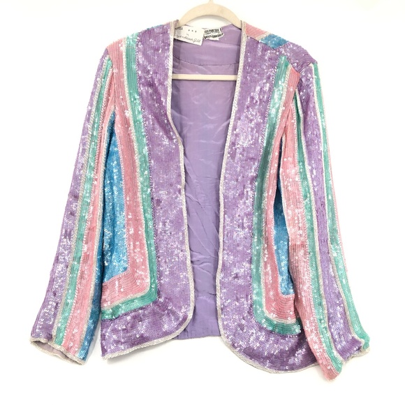 Saz Silk Sequin Jacket Pastel Colors Disco Stripes Pink Purple Blue - Picture 1 of 12